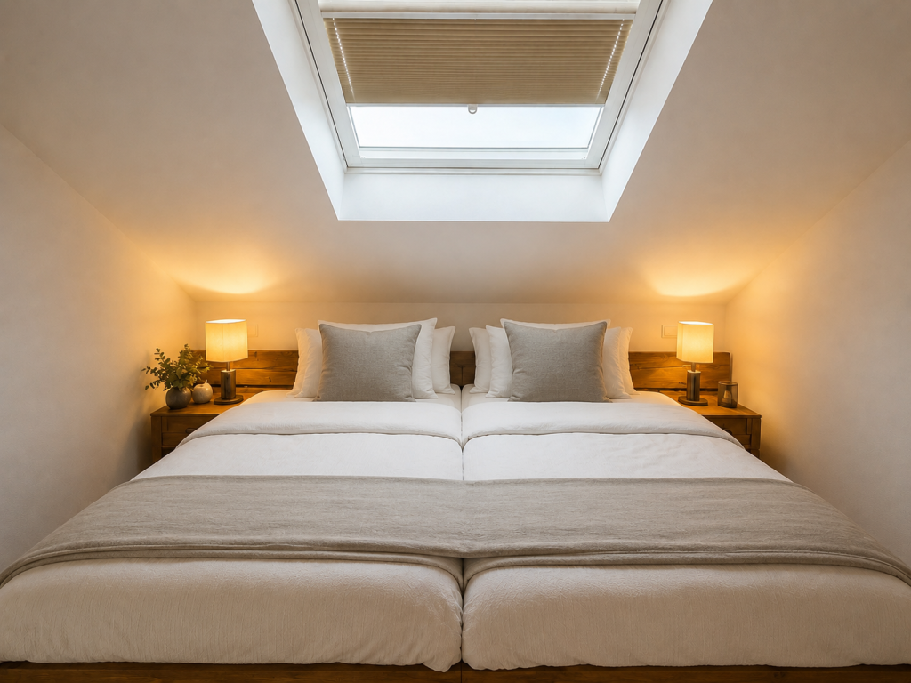 Doppelbett im Schlafzimmer der Ferienwohnung Alpspitzherzl