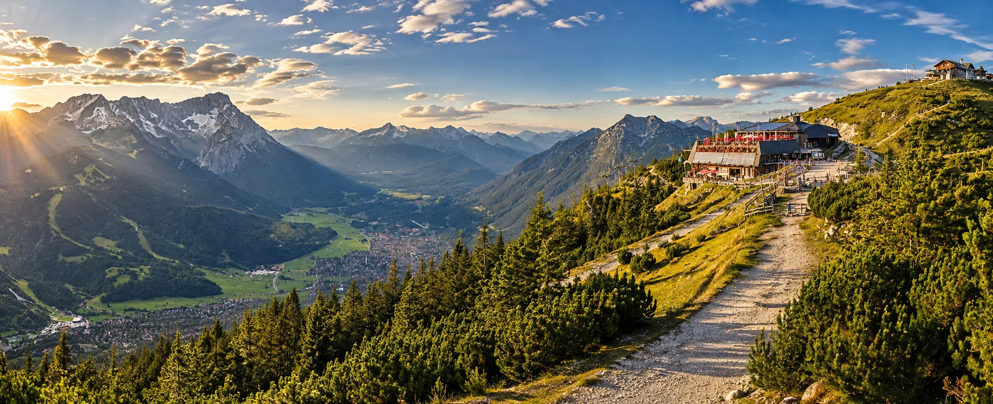 Blick über Garmisch-Partenkirchen und die umliegende Bergwelt