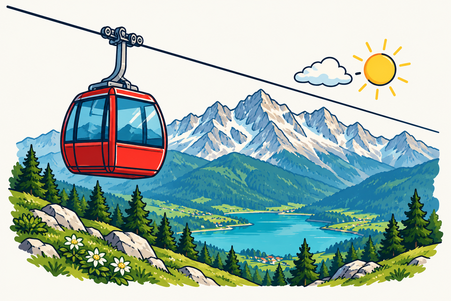 Rote Bergbahn vor einem bayerischen Bergpanorama – Comicillustration