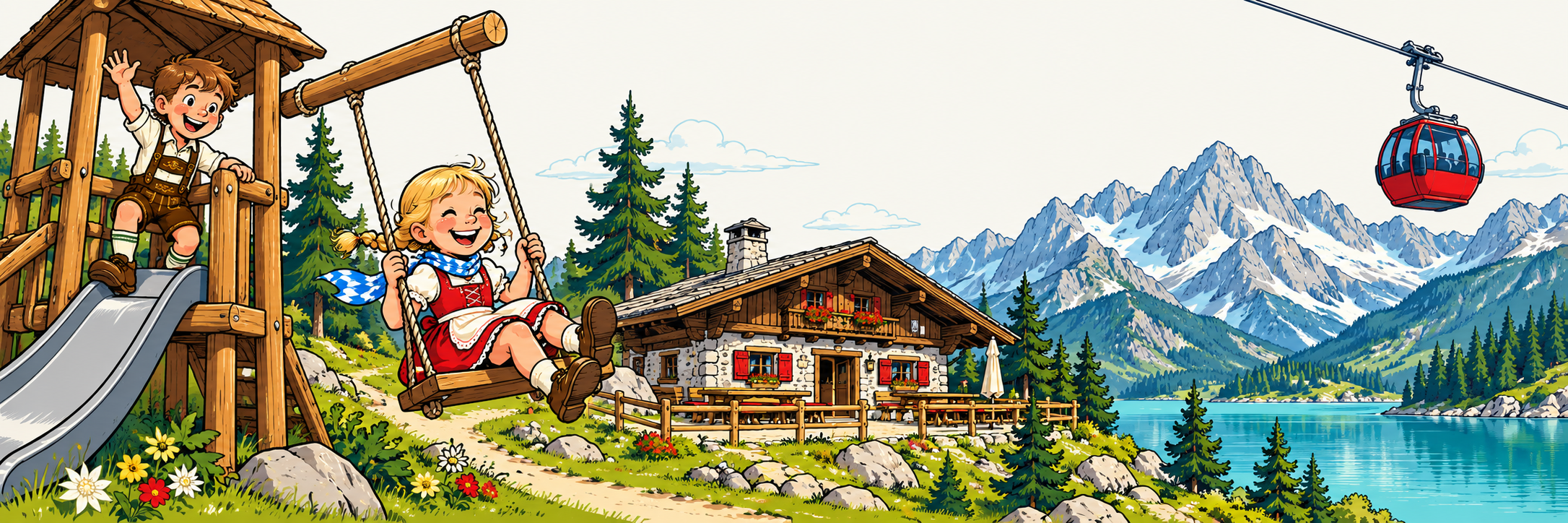 Bayerische Comicillustration mit spielenden Kindern, Berghütte, See und roter Bergbahn