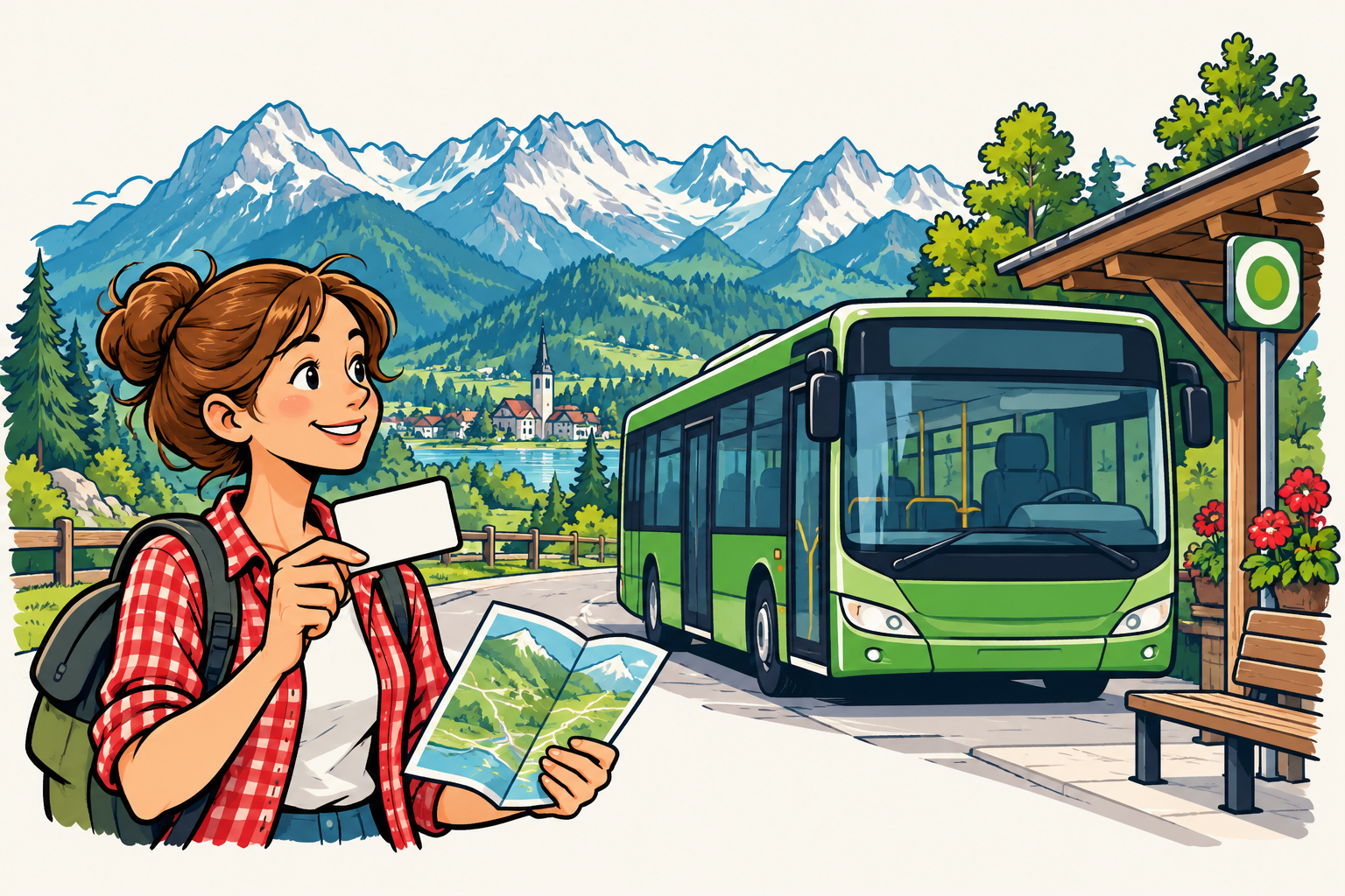 Bus und Urlauberin mit Gästekarte – Comicillustration
